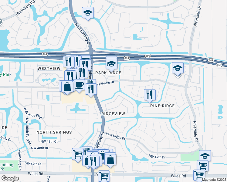 map of restaurants, bars, coffee shops, grocery stores, and more near 5421 North University Drive in Coral Springs