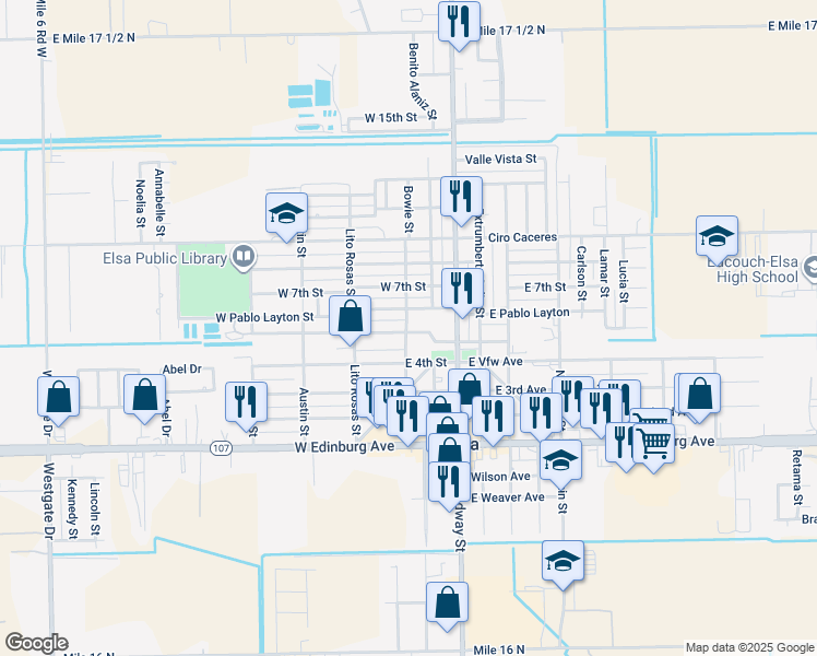 map of restaurants, bars, coffee shops, grocery stores, and more near 222 Pablo Layton Street in Elsa