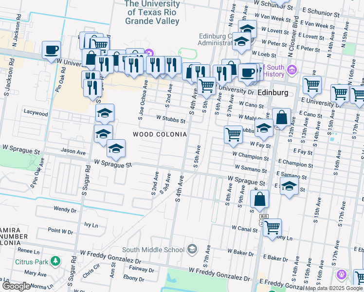 map of restaurants, bars, coffee shops, grocery stores, and more near 814 West Fay Street in Edinburg