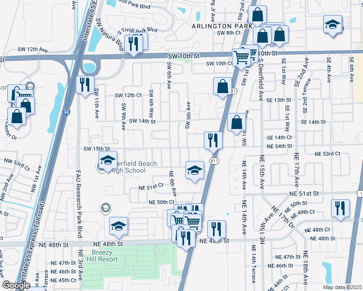 map of restaurants, bars, coffee shops, grocery stores, and more near 1460 Southwest 5th Terrace in Deerfield Beach