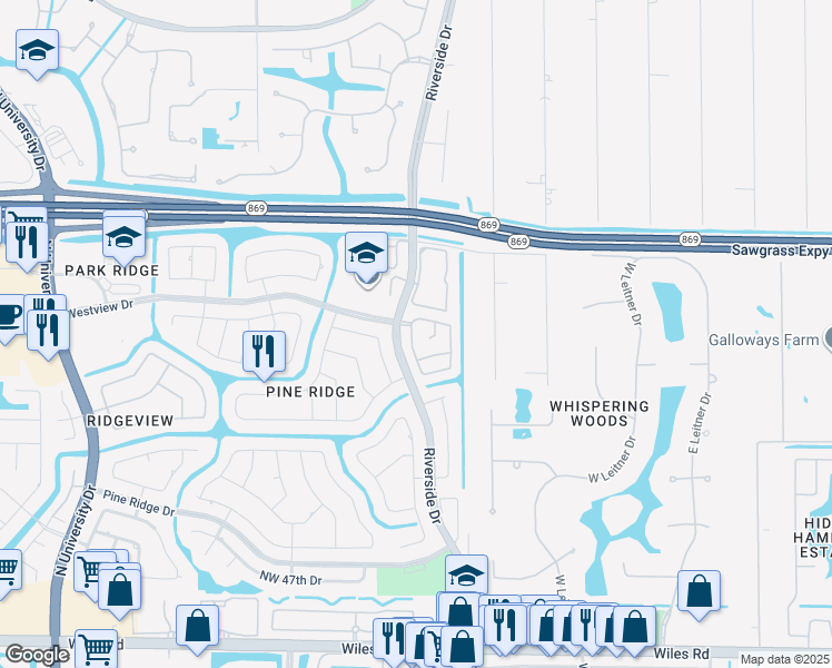 map of restaurants, bars, coffee shops, grocery stores, and more near 5309 Pine Circle in Coral Springs