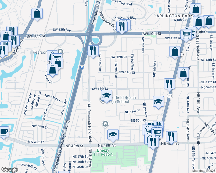 map of restaurants, bars, coffee shops, grocery stores, and more near 925 Southwest 15th Street in Deerfield Beach