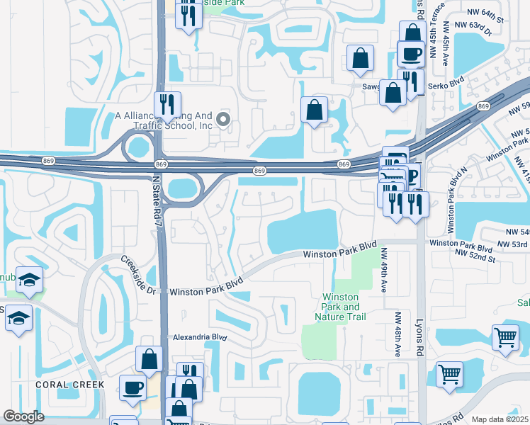 map of restaurants, bars, coffee shops, grocery stores, and more near 5296 Northwest 55th Street in Coconut Creek