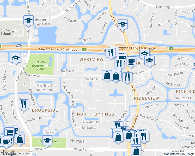 map of restaurants, bars, coffee shops, grocery stores, and more near 9849 Northwest 54th Place in Coral Springs