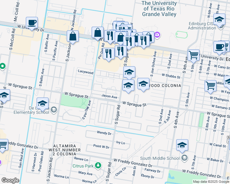 map of restaurants, bars, coffee shops, grocery stores, and more near 1601 West Samano Street in Edinburg