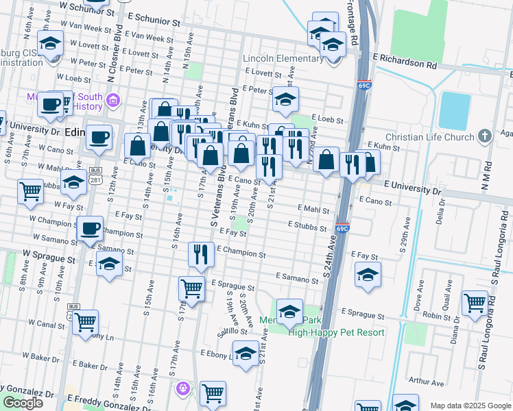 map of restaurants, bars, coffee shops, grocery stores, and more near 1011 East Mahl Street in Edinburg