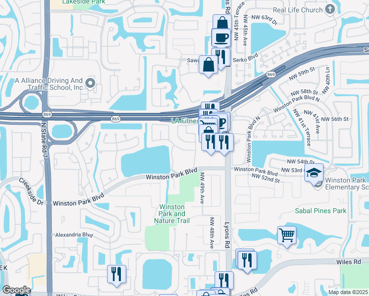 map of restaurants, bars, coffee shops, grocery stores, and more near 4951 Northwest 54th Street in Coconut Creek