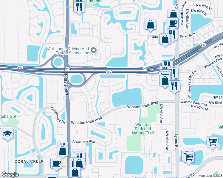 map of restaurants, bars, coffee shops, grocery stores, and more near 5296 Northwest 55th Street in Coconut Creek