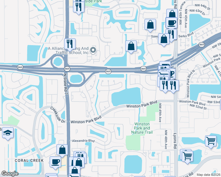 map of restaurants, bars, coffee shops, grocery stores, and more near 5295 Northwest 54th Street in Coconut Creek