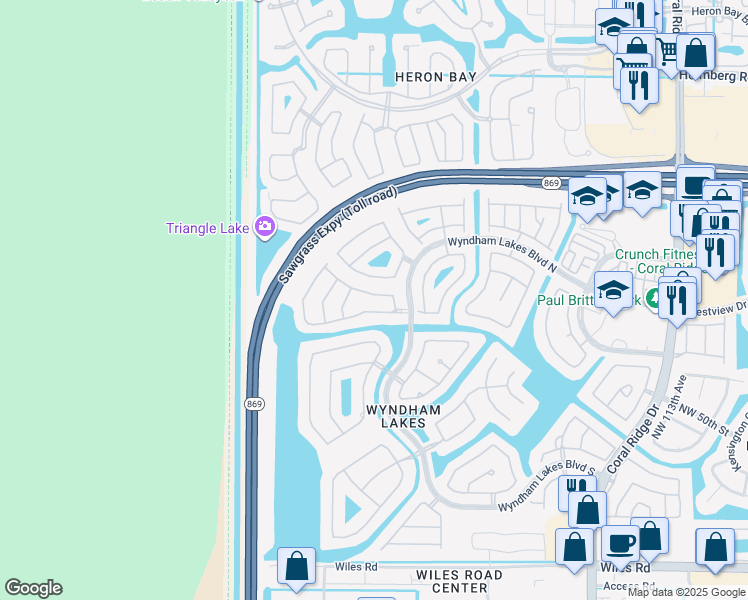 map of restaurants, bars, coffee shops, grocery stores, and more near 12340 Northwest 54th Court in Coral Springs