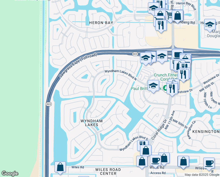 map of restaurants, bars, coffee shops, grocery stores, and more near 5328 Northwest 120th Avenue in Coral Springs