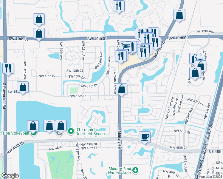map of restaurants, bars, coffee shops, grocery stores, and more near 1441 Southwest 25th Avenue in Deerfield Beach