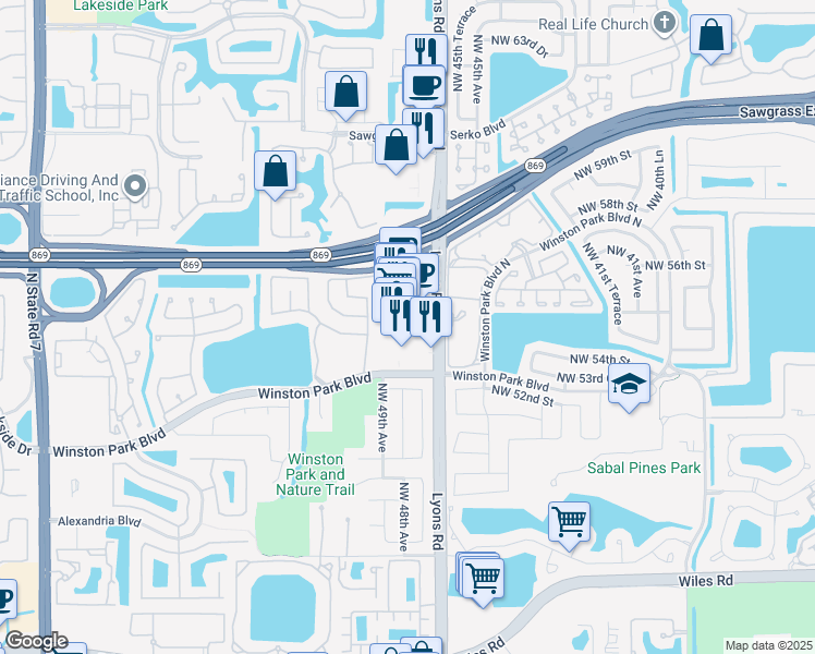 map of restaurants, bars, coffee shops, grocery stores, and more near 5389 Lyons Road in Coconut Creek