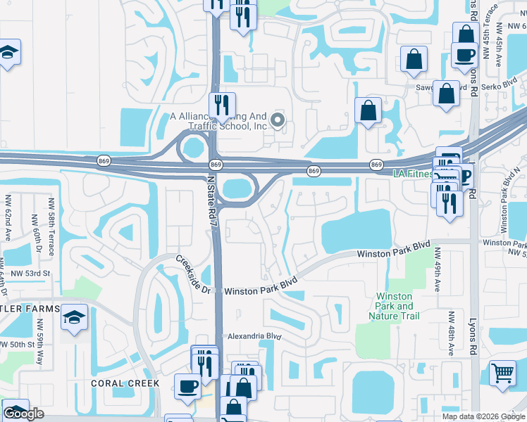 map of restaurants, bars, coffee shops, grocery stores, and more near 5521 Northwest 54th Lane in Coconut Creek
