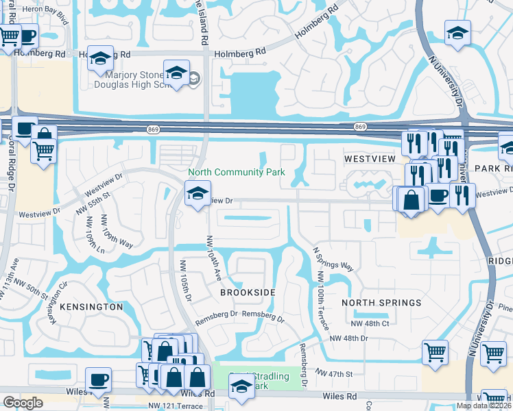 map of restaurants, bars, coffee shops, grocery stores, and more near 10253 Northwest 54th Place in Coral Springs