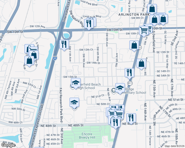 map of restaurants, bars, coffee shops, grocery stores, and more near 1451 Southwest 6th Way in Deerfield Beach