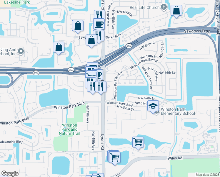 map of restaurants, bars, coffee shops, grocery stores, and more near 5400 Lyons Road in Coconut Creek