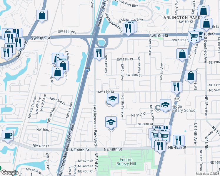 map of restaurants, bars, coffee shops, grocery stores, and more near 1107 Southwest 15th Street in Deerfield Beach