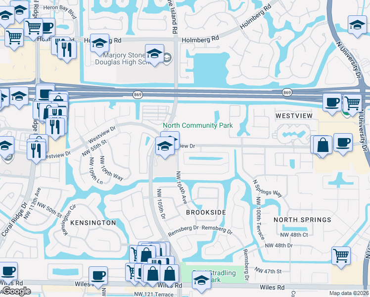 map of restaurants, bars, coffee shops, grocery stores, and more near 5390 Northwest 103rd Way in Coral Springs