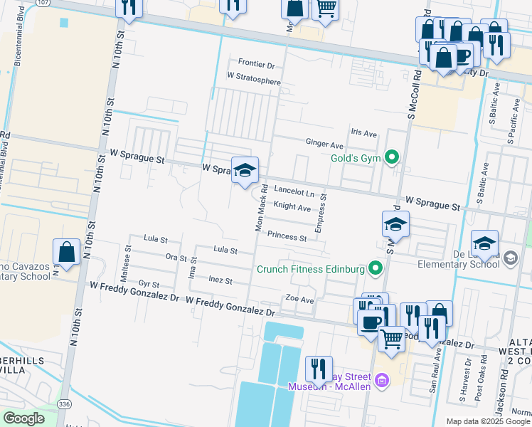 map of restaurants, bars, coffee shops, grocery stores, and more near 3521 Dutchess Street in Edinburg