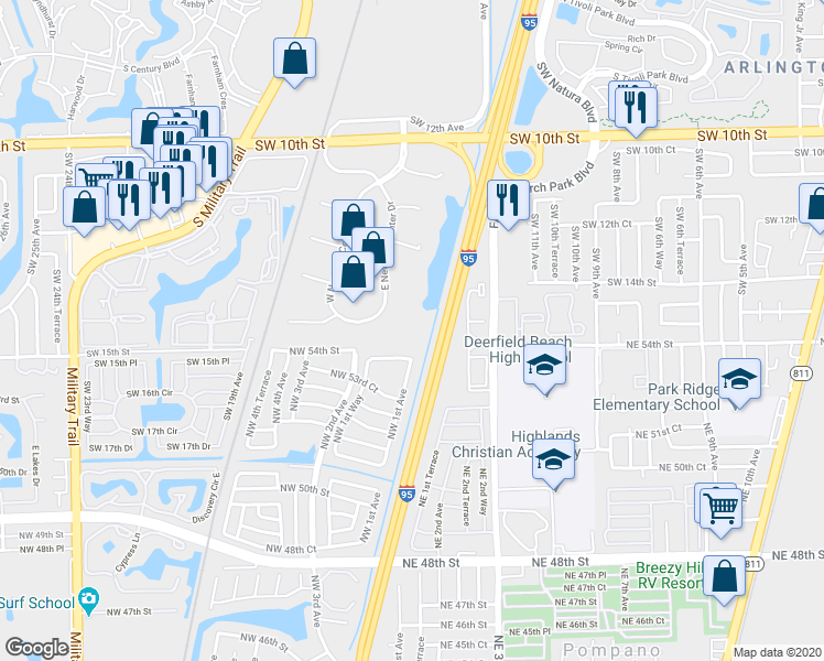 map of restaurants, bars, coffee shops, grocery stores, and more near 1350 East Newport Center Drive in Deerfield Beach