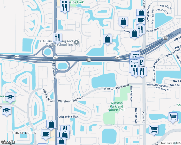 map of restaurants, bars, coffee shops, grocery stores, and more near 5296 Northwest 55th Street in Coconut Creek