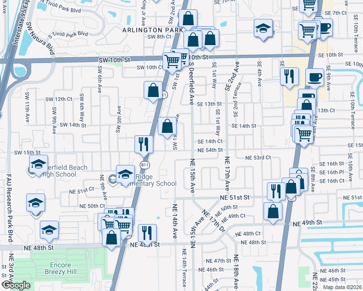 map of restaurants, bars, coffee shops, grocery stores, and more near 1437 Southwest 1st Avenue in Deerfield Beach