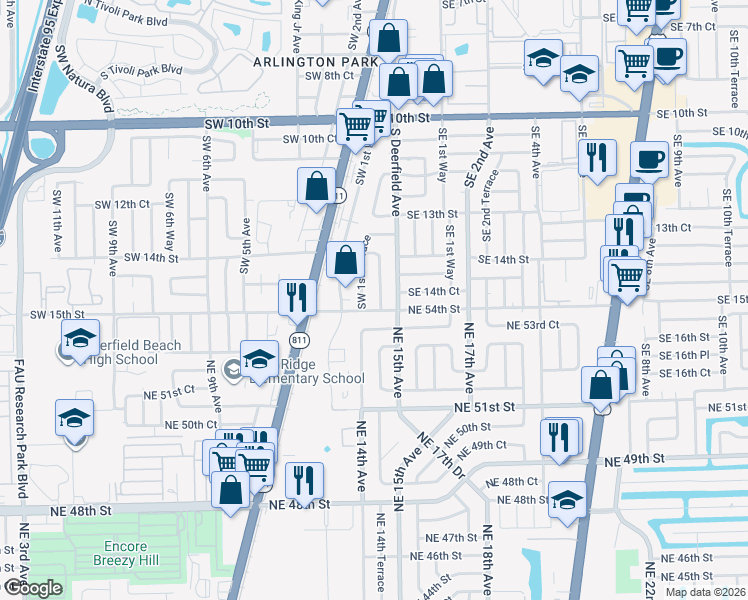 map of restaurants, bars, coffee shops, grocery stores, and more near 1437 Southwest 1st Avenue in Deerfield Beach