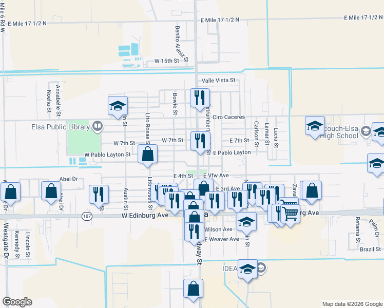map of restaurants, bars, coffee shops, grocery stores, and more near 602 Houston Street in Elsa
