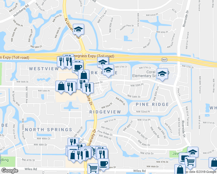 map of restaurants, bars, coffee shops, grocery stores, and more near 5421 North University Drive in Coral Springs