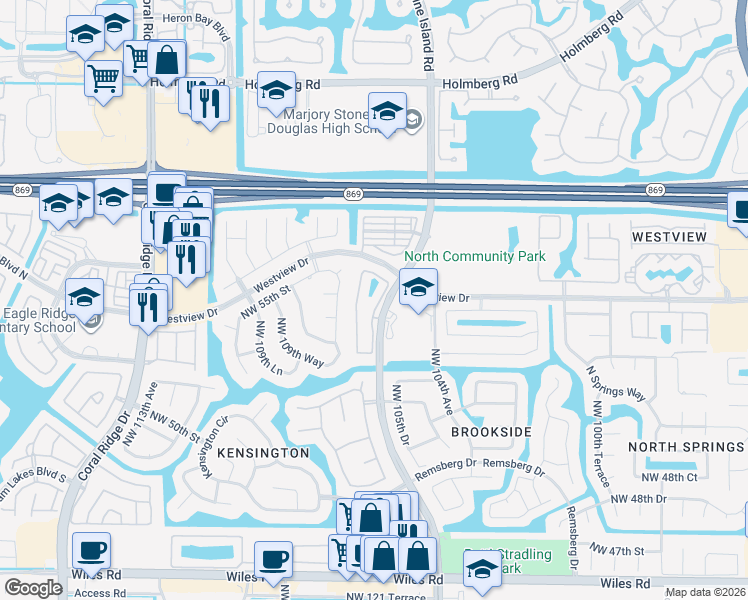 map of restaurants, bars, coffee shops, grocery stores, and more near 5421 Northwest 106th Drive in Coral Springs
