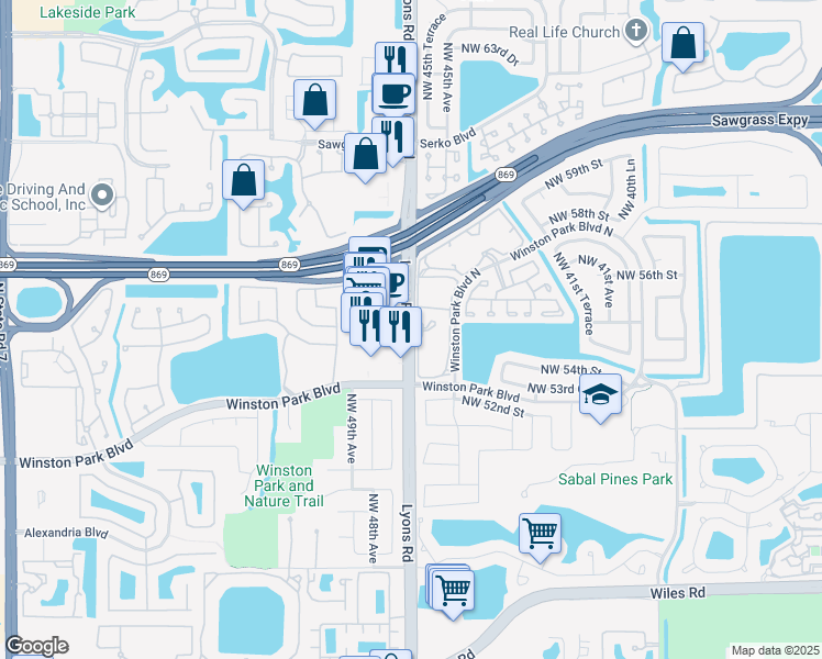 map of restaurants, bars, coffee shops, grocery stores, and more near 5389 Lyons Road in Coconut Creek
