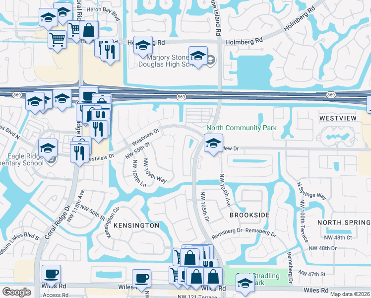 map of restaurants, bars, coffee shops, grocery stores, and more near 5421 Northwest 106th Drive in Coral Springs
