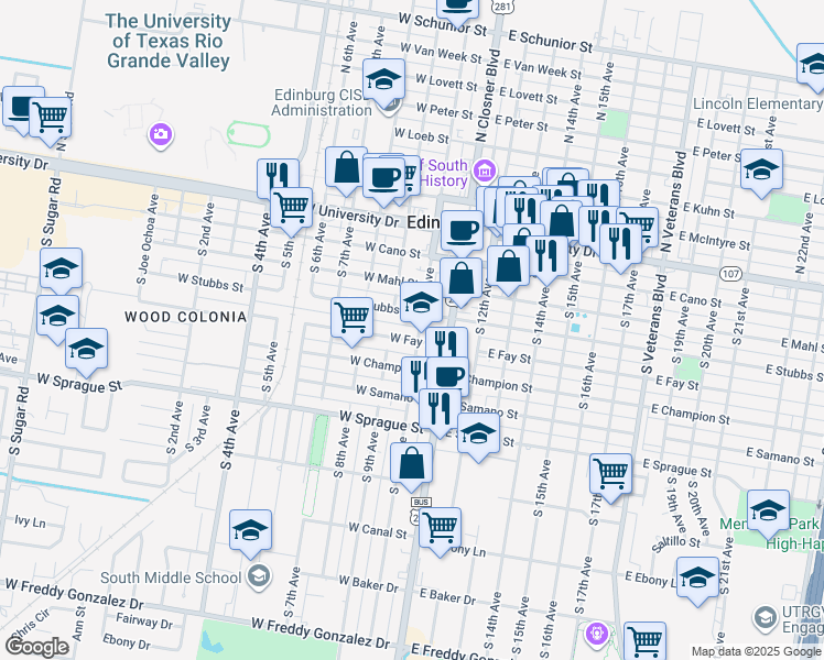 map of restaurants, bars, coffee shops, grocery stores, and more near 415 South 10th Avenue in Edinburg