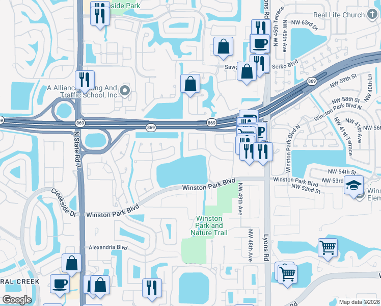 map of restaurants, bars, coffee shops, grocery stores, and more near 5110 Northwest 54th Street in Coconut Creek