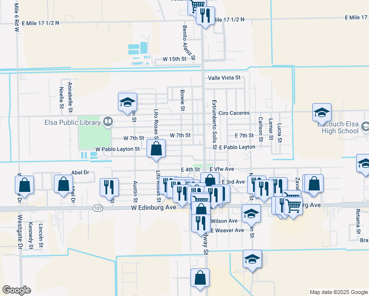 map of restaurants, bars, coffee shops, grocery stores, and more near 222 Pablo Layton Street in Elsa