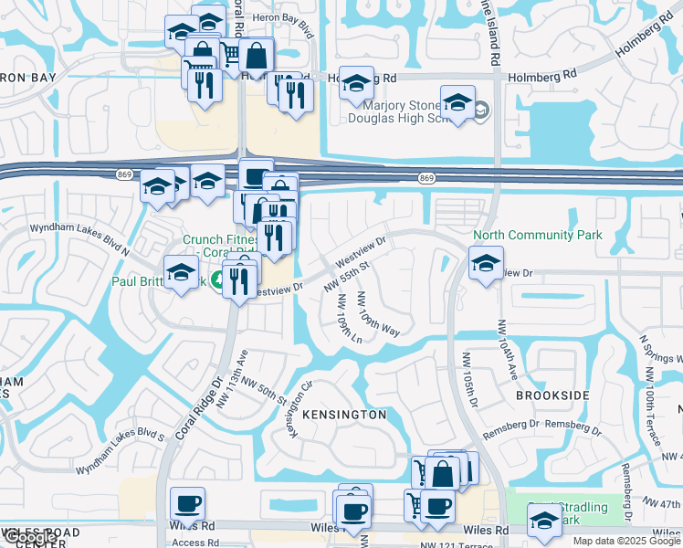map of restaurants, bars, coffee shops, grocery stores, and more near 10933 Northwest 55th Street in Coral Springs