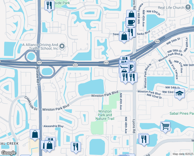 map of restaurants, bars, coffee shops, grocery stores, and more near 5090 Northwest 54th Street in Coconut Creek