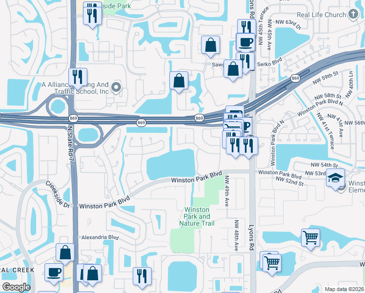 map of restaurants, bars, coffee shops, grocery stores, and more near 5090 Northwest 54th Street in Coconut Creek