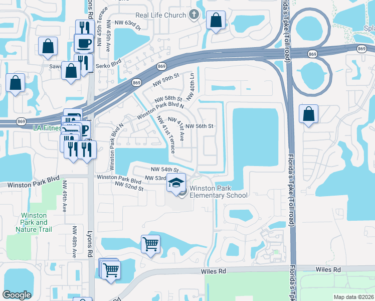 map of restaurants, bars, coffee shops, grocery stores, and more near 5491 Northwest 40th Terrace in Coconut Creek