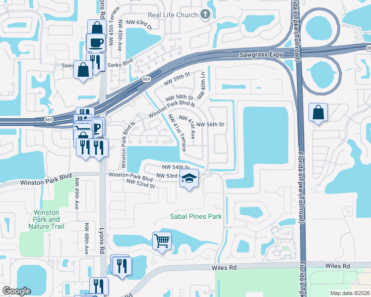 map of restaurants, bars, coffee shops, grocery stores, and more near 5485 Northwest 41st Terrace in Coconut Creek