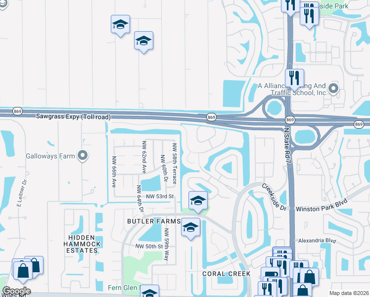 map of restaurants, bars, coffee shops, grocery stores, and more near 6153 Northwest 56th Drive in Coral Springs