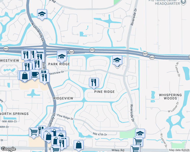 map of restaurants, bars, coffee shops, grocery stores, and more near 5513 Northwest 87th Terrace in Coral Springs