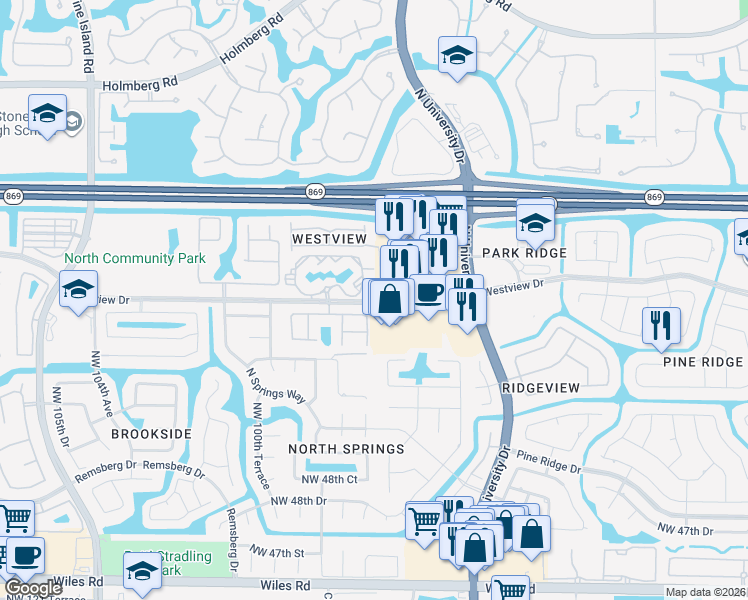map of restaurants, bars, coffee shops, grocery stores, and more near 9604 Westview Drive in Coral Springs