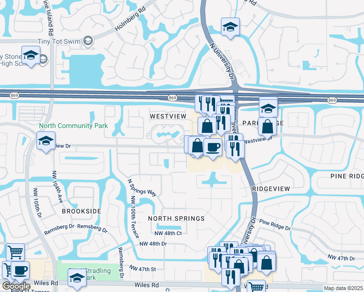 map of restaurants, bars, coffee shops, grocery stores, and more near 9849 Northwest 54th Place in Coral Springs