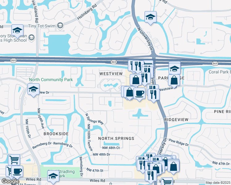 map of restaurants, bars, coffee shops, grocery stores, and more near 9849 Northwest 54th Place in Coral Springs