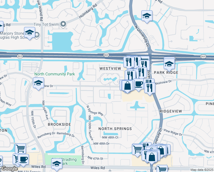 map of restaurants, bars, coffee shops, grocery stores, and more near 9951 Westview Drive in Coral Springs