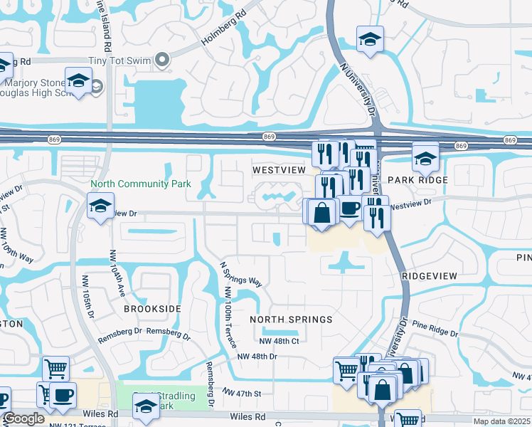 map of restaurants, bars, coffee shops, grocery stores, and more near 9951 Westview Drive in Coral Springs