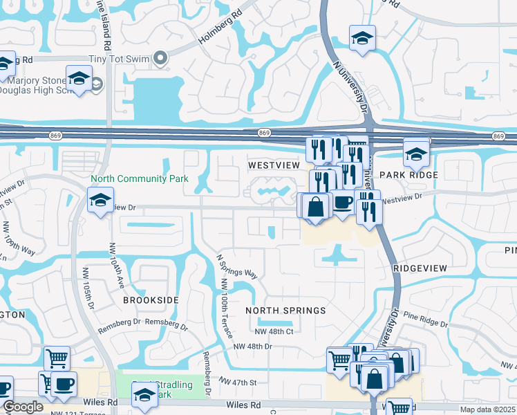 map of restaurants, bars, coffee shops, grocery stores, and more near 9951 Westview Drive in Coral Springs