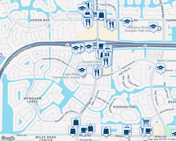map of restaurants, bars, coffee shops, grocery stores, and more near 11470 Northwest 56th Drive in Tamarac
